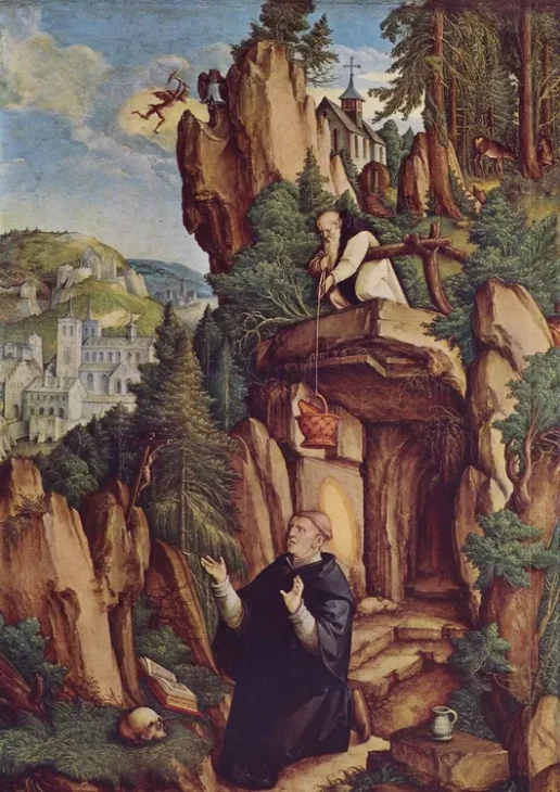 Maitre de Meskirch Saint Benoit en priere 1530 huile sur bois 106 × 75 cm Staatsgalerie Stuttgart Allemagne. ‍